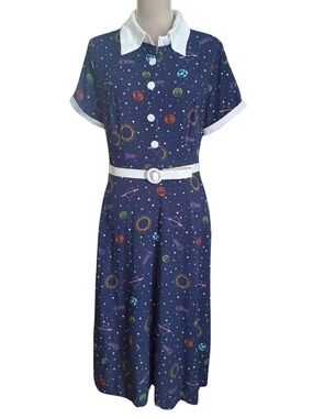 Vintage-Inspired Navy Midi Dress with Space Print and White Trim